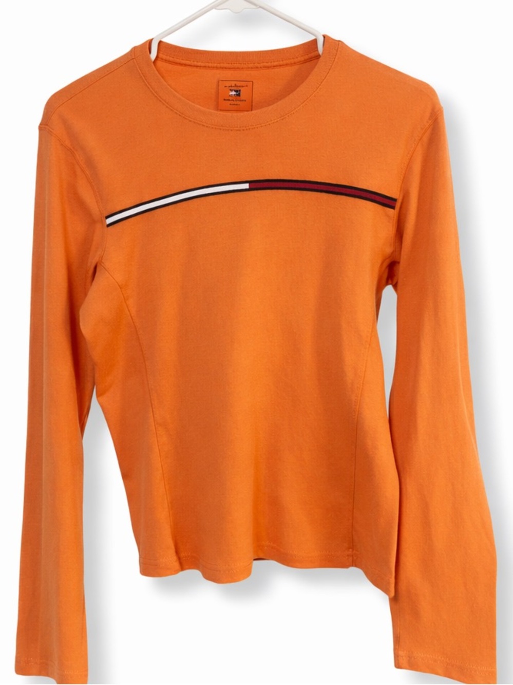 Tommy Hilfiger Orange Long Sleeve Top Logo Stripe Fitted Tee Size Small
